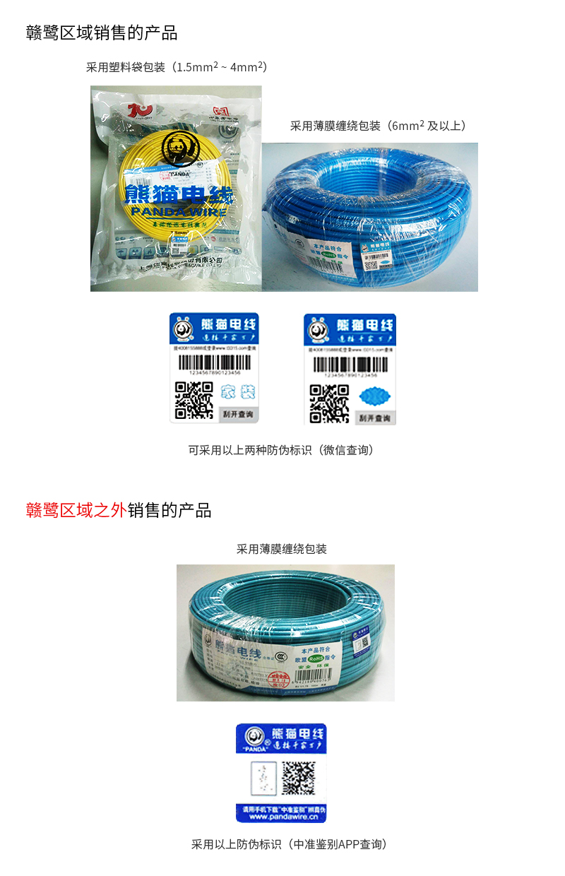 關(guān)于熊貓電線贛鷺區(qū)域銷售的產(chǎn)品包裝及防偽標識說明